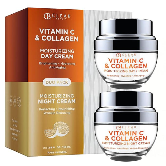Clear Beauty Vitamin C & Collagen Face Moisturizer - Hydrating Anti Aging Day & Night Cream - Firms Smooths & Evens Skin Tone - Dermatologist Tested, Korean Skin Care Set, Clean Beauty - Duo Pack