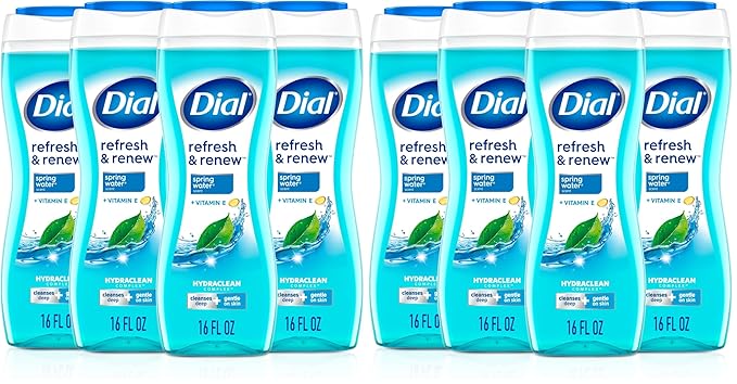 Dial Body Wash,Refresh & Renew Spring Water,16 Fl Oz,Hydraclean Complex & Vitamin E,Gentle,Leaves Skin Feeling Nourished,Dermatologist-Tested,No Parabens-& Sulfates,(Pack of 8)