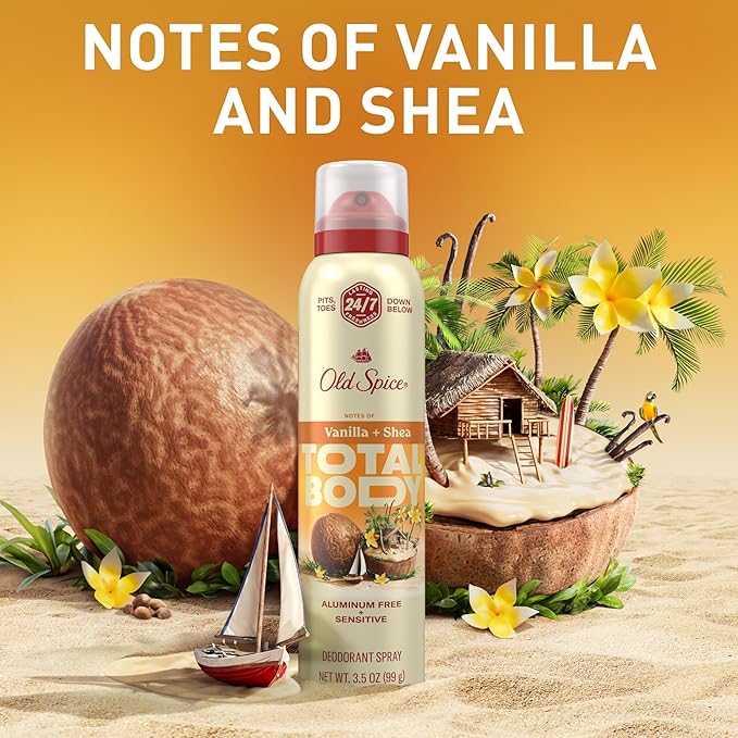 Old Spice Whole Body Deodorant Spray for Men, Aluminum Free, Vanilla + Shea Scent, 24/7 Odor Protection, 24/7 Lasting Freshness, Dermatologist Tested, Gentle on Skin, Safe to Use All Over, 3.5 oz