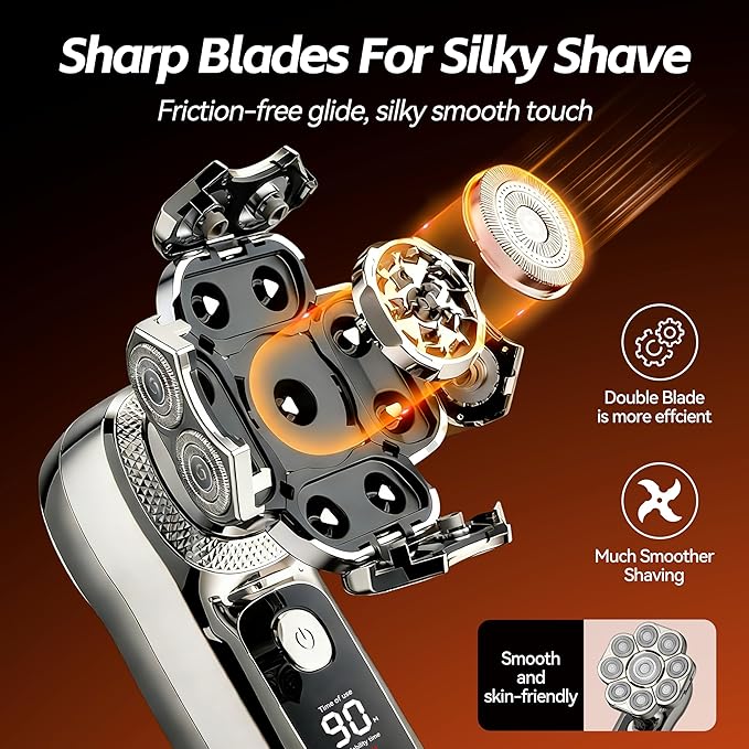 6-in-1 Electric Head & Body Hair Shaver - Mens Cordless Rechargeable Wet/Dry Skull Bald Head Back & Groin Waterproof Razor with Rotary Blades, Clippers, Nose Trimmer, Brush, Massager
