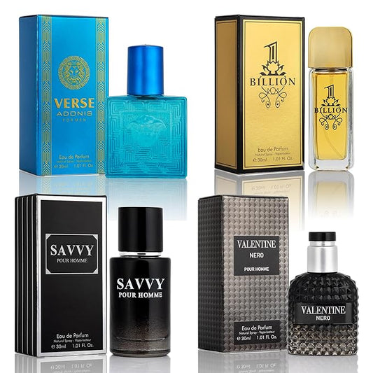 Signature Scent 4-Piece Mini Fragrance Set for Men Includes Savvy/1 Billion/Verse/Valentine Collection of Woody, Spicy, Citrus & Aromatic Fragrance Non-Irritating Ingredient Each One in 30ml Bottle