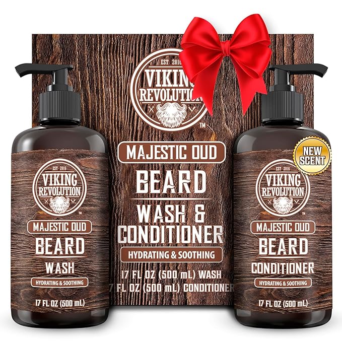 Viking Revolution Beard Wash and Beard Conditioner for Men with Argan Oil and Jojoba Oil - Beard Softener and Strengthener Beard Care Beard Shampoo and Conditioner with Beard Oil (17oz, Majestic Oud)