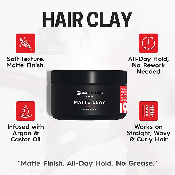 Hair Clay for Men – Matte Finish | Medium Hold, Adds Volume & Texture | Clean Ingredients, Non-Greasy & Easy to Wash Out | Barber-Grade Men’s Styling Clay | Made in the USA – 2oz