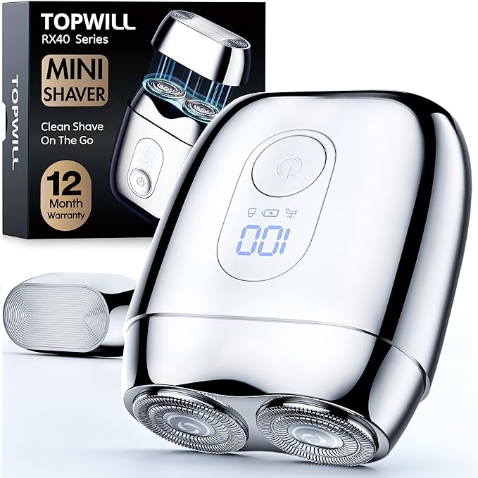 All-Metal Mini Electric Shaver for Men – Portable Travel Razor with Mirror Cap, Smooth & Close Shave, LED Display, USB-C Fast Charge, Wet/Dry Waterproof – RX40 Silver