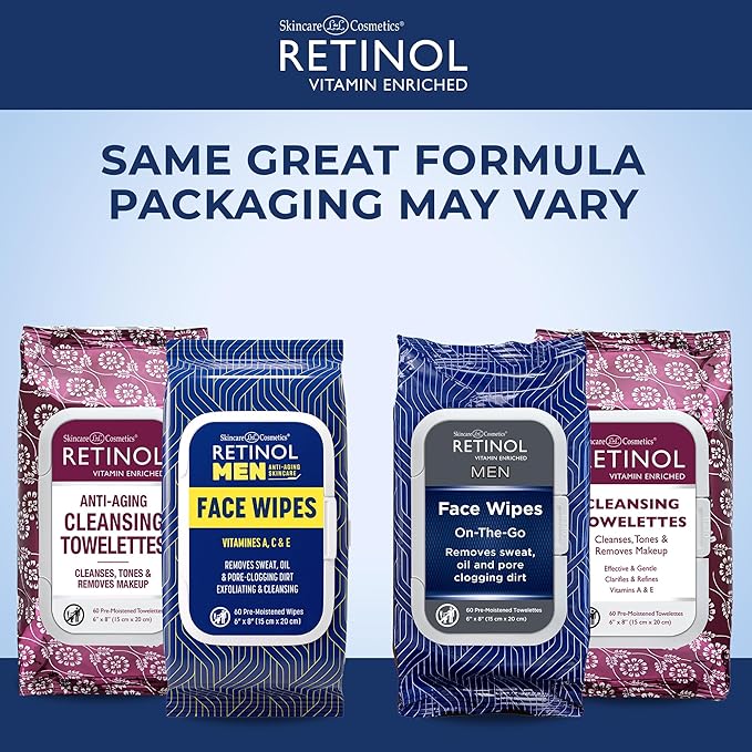 Retinol Men Anti- Aging Facial Wipes - Quickly cleanses Face from Sweat, Oil and Pore-Clogging Dirt without any heavy residue + Retinol Women All in One Anti-Aging Cleansing Towelettes