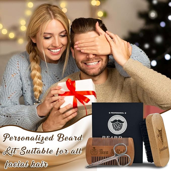 Personalized Beard Brush for Men & Beard Comb Set Natural Boar Bristle Brush and Dual Action Pear Wood Comb with Custom Name Text Icon Gift for Dad Groomsmen Boyfriend (beard comb and brush)