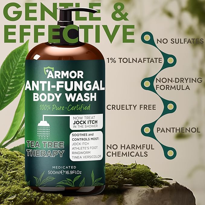 Antifungal Body Wash with Tea Tree Oil | Antibacterial Soap for Back Acne,Treats Ringworm, Eczema & Jock Itch | Antibacterial Body Soap For Men And Women | Includes Silicon Scrubber (16.9 oz)