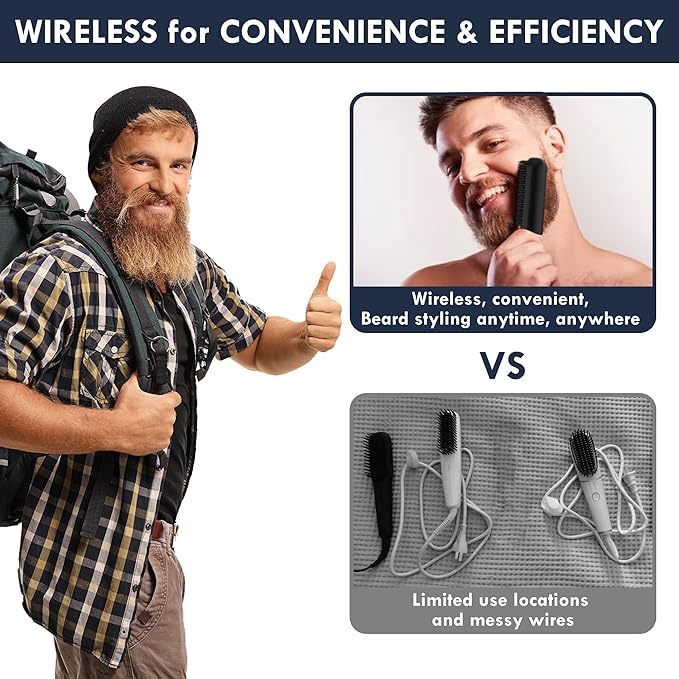 Beard Straightener for Men - Cordless Heated Beard Straightening Comb with LCD, Beard and Hair Straightener Brush Hot Comb, Anti-Scald & Automatic Shut-Off, Portable for Travel