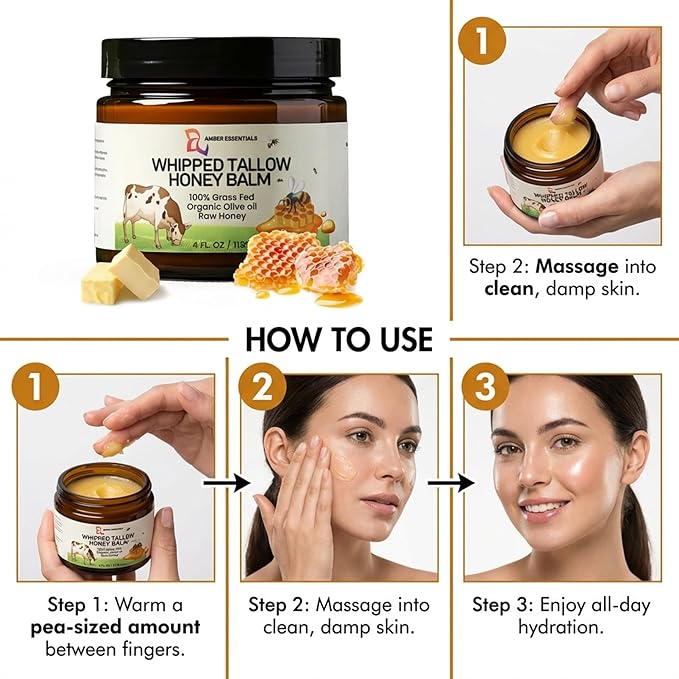 Beef Tallow & Honey Balm, All-Natural Moisturizer with Raw Honey & Olive Oil, Grass-Fed Tallow Cream for Face & Body, Deeply Nourishing Skin Care for Women & Men, Rich Moisture