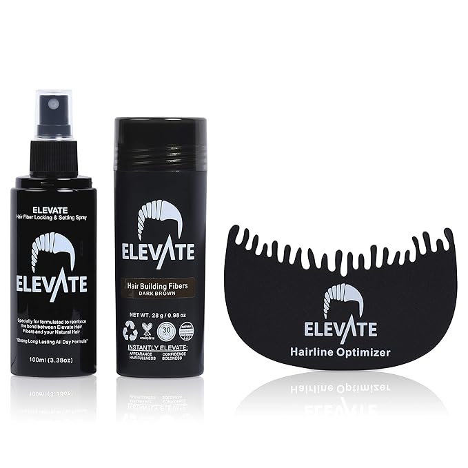 Elevate Hair Building Fibers 3-in-1 Kit for Thinning Hair (Dark Brown) Keratin Hair Thickening Powder with Fiber Lock Spray & Hairline Optimizer Comb - Instant Concealer Applicator for Men & Women
