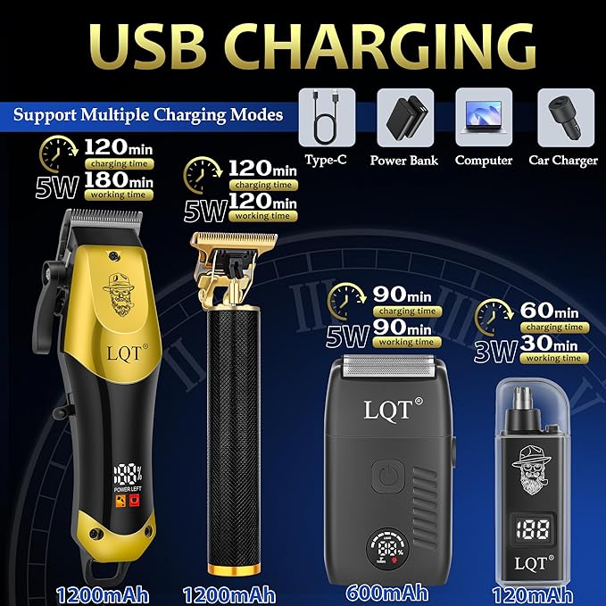 Hair Clippers for Men, with LED Display 4-Piece Cordless Grooming Kit with Hair Clipper, Beard Trimmer, Foil Shaver & Nose Trimmer, Complete Rechargeable Set for Home Barber Use (Black Gold)