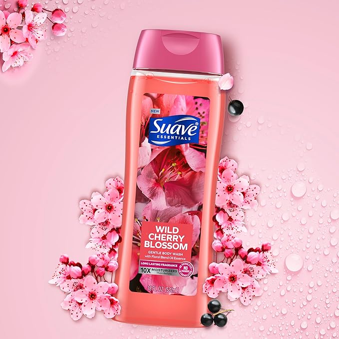 Suave Moisturizing Body Wash, with Wild Cherry Blossom and Vitamin E Extract, No Parabens, No Phtahaltes, 18 Oz Pack of 12
