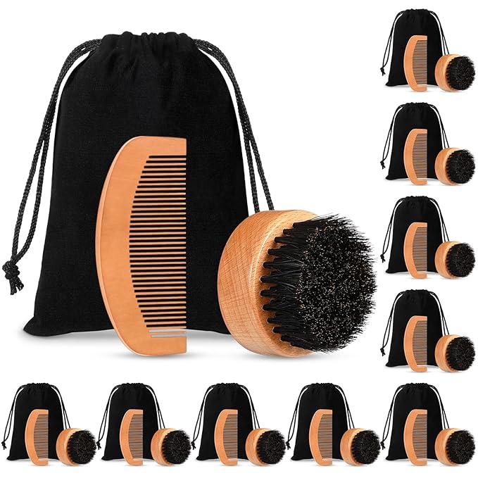 10 Sets Men's Beard Grooming Kit: Natural Boar Bristle Brush, Pear Wood Dual-Sided Wide Tooth Comb, Travel Pouch - Perfect Valentine Gift (Circle)