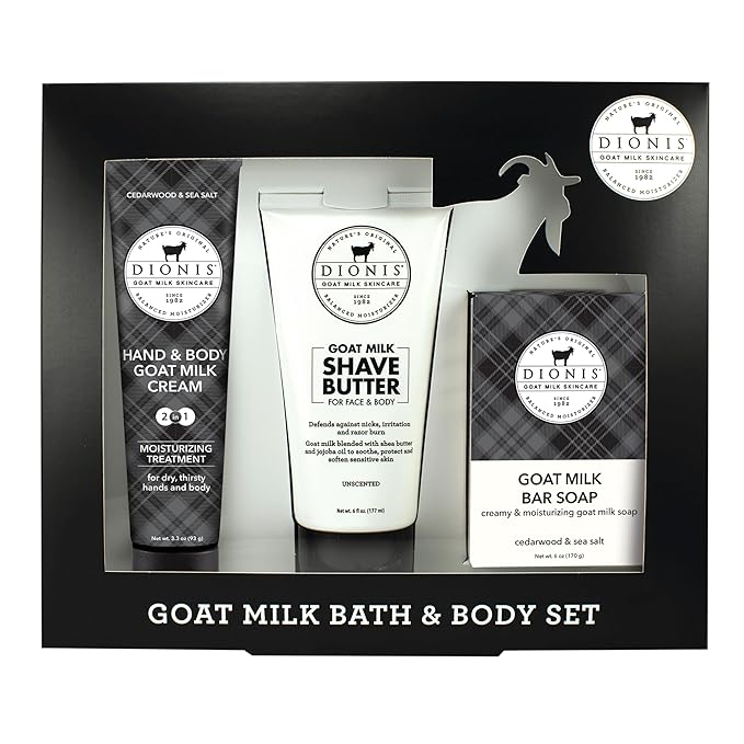Dionis Goat Milk Cedarwood & Sea Salt Shave Butter, Hand & Body Lotion, and Bar Soap Bath & Body 3-Piece Gift Set