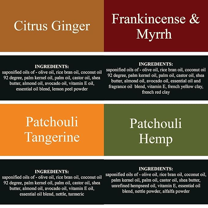 Traverse Bay Bath and Body Natural Cold Process Soap Earthy & Spicy 4-Bar Variety Pack, Citrus Ginger, Frankincense & Myrrh, Patchouli Tangerine, Patchouli Hemp, 5.5 oz Each, 22+ oz Total