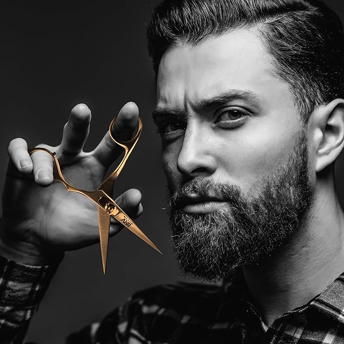 Facial Hair Scissors for Men | Titanium Series | Mustache & Beard Trimming Scissors | 5.5 inches l Sharp & Precise Grooming | Razor Edge Barber Scissor (RIGHT HANDED - titanium bronze)