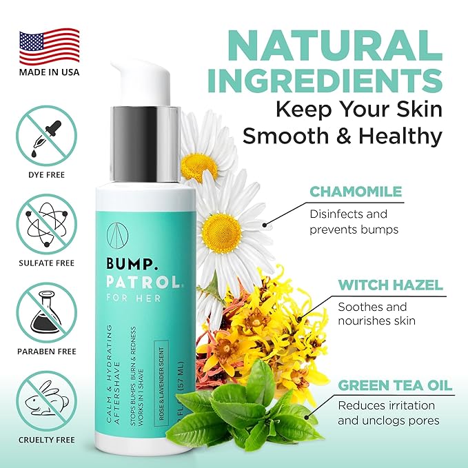 Bump Patrol bump patrol aftershave for Women, Calm & Hydrating after shave for women - ingrown hair treatment, Razor Bumps & Burn Relief, Rose & Lavender Scent, Dye & Sulfate Free - 2 Fl Oz