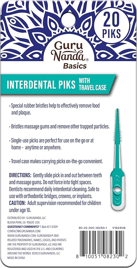 GuruNanda Interdental Picks with Travel Case - Floss Tooth Pick for Teeth Cleaning - Flexible Rubber Bristles - 20 Picks (Pack of 2)