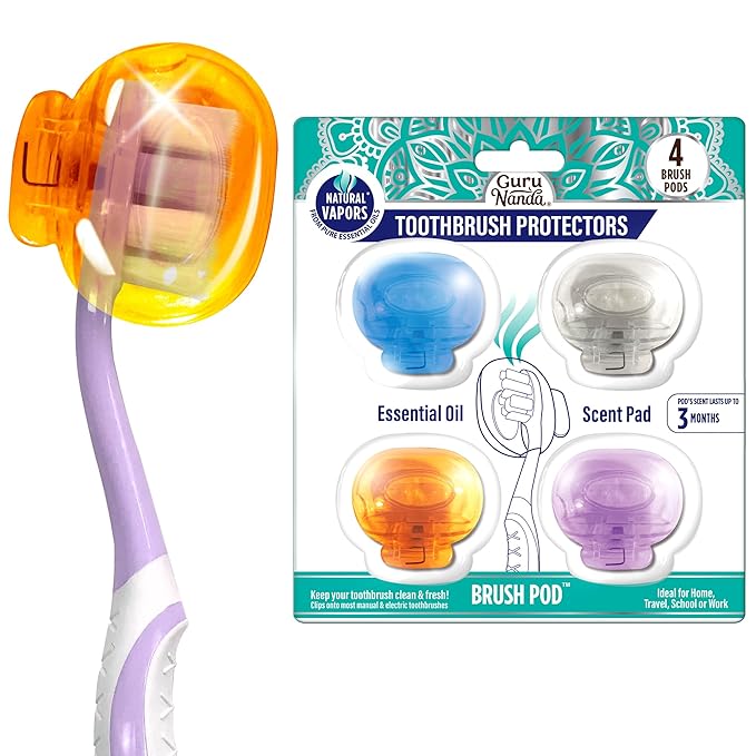 GuruNanda Brush Pods - Toothbrush Cover for Manual & Electric Toothbrush, Keeps Toothbrush Fresh & Clean, Travel Accessories with Natural Essential Oil Vapors, 4 Pack
