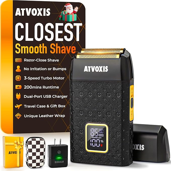 8500RPM Leather-Wrapped Close Shave Foil Shavers for Men, Portable 3-Speed Electric Foil Razor with Travel Case, Cordless 200min Runtime, USB-C Rechargeable, Fast Charging, Charger Included