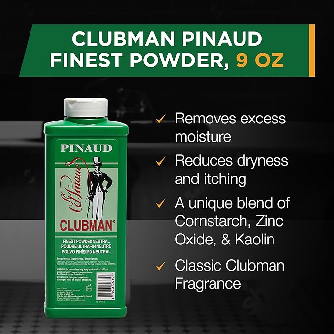 Clubman Pinaud After Shave Lotion, Classic Men’s Aftershave, 6 fl oz Pinaud Finest Powder, Classic White Powder for Men, Protection Against Sweat and Body Odor, 9 oz