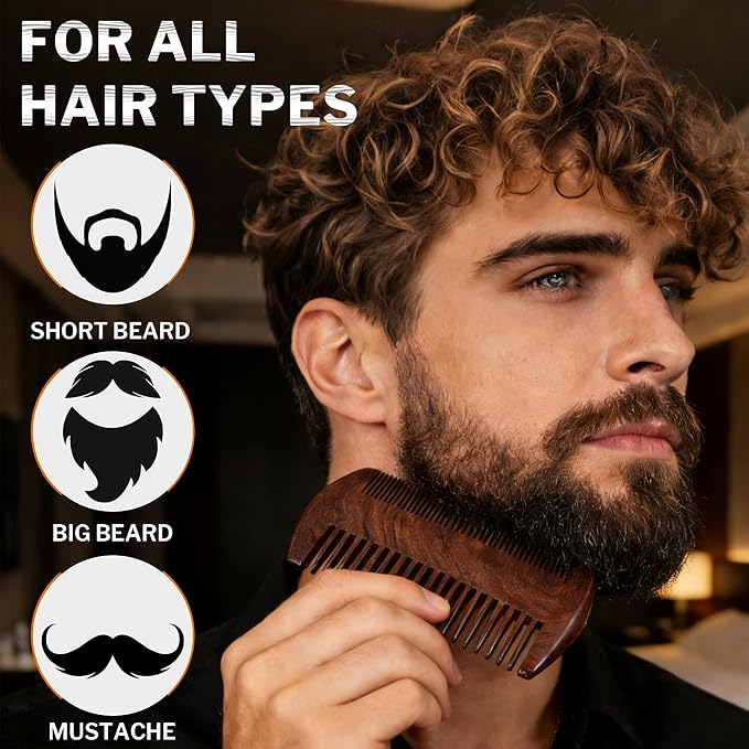 BFWood Mens Beard Comb, Small Travel Beard Set - Black Walnut Wood, Grooming Sandalwood Mustache Comb, Mustache Tools With Storage Bag
