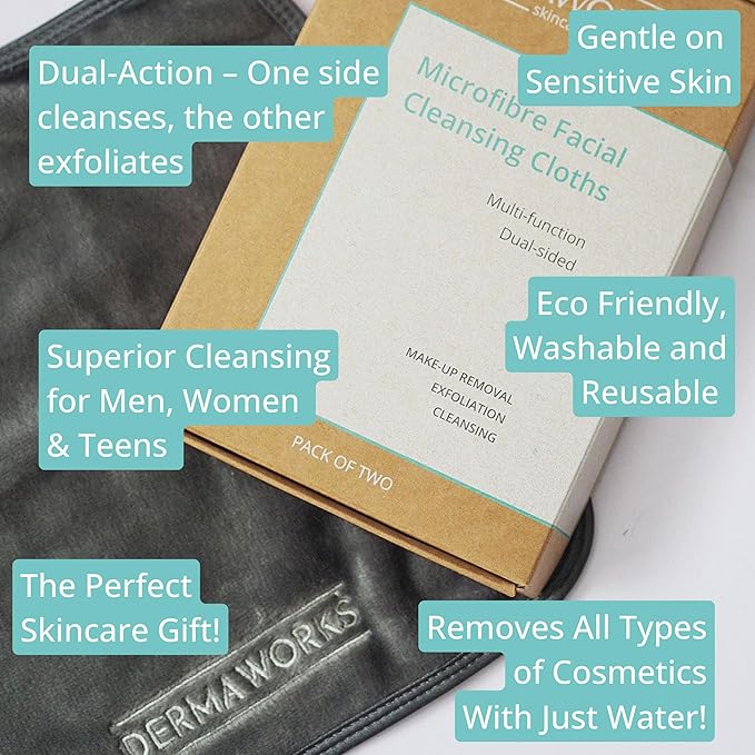 2x WASH CLOTHS LUXURY DUAL-SIDED - Exfoliating Washcloths/Makeup Remover Cloths - Soft Face Cloth/Wash Cloth - Washable & Reusable Microfiber Quick Dry Towel - Toallas para la Cara by DERMAWORKS