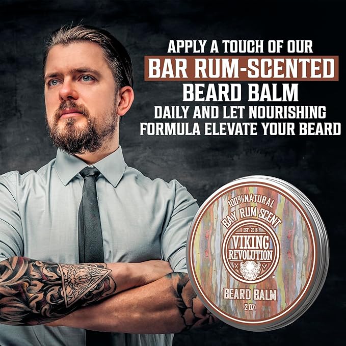 Viking Revolution Bay Rum Beard Balm - Beard Butter with Argan Oil & Jojoba Oil - Softener, Moisturizer & Wax for Men (2oz, 1 Pack)