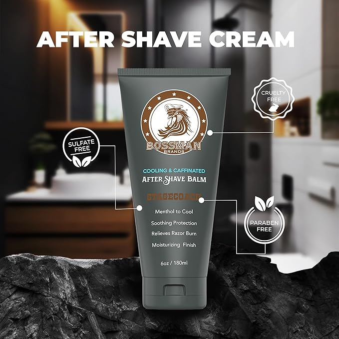 Bossman Cooling & Caffeinated After Shave Balm for Men – Soothes & Protects with Menthol, Caffeine & Tea Tree – Stagecoach Scent