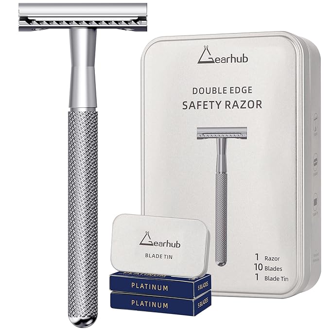 Gearhub Double Edge Safety Razor Stainless Steel Metal Reusable Wet Shaving Razor with 10 Swedish Platinum Blades for Men Women Barber Bikini Armpit Hair, Silver GRB3G