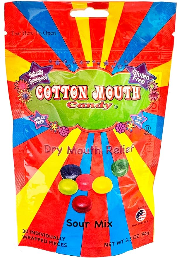 Cotton Mouth Candy Dry Mouth Relief Fruit Mix 3.3 Ounce Bag (1 Bag) | Relieves Dry Mouth & Increases Saliva Production, Sugar Free, Gluten Free, Delicious Sour Flavor, Individually Wrapped, 30 Ct