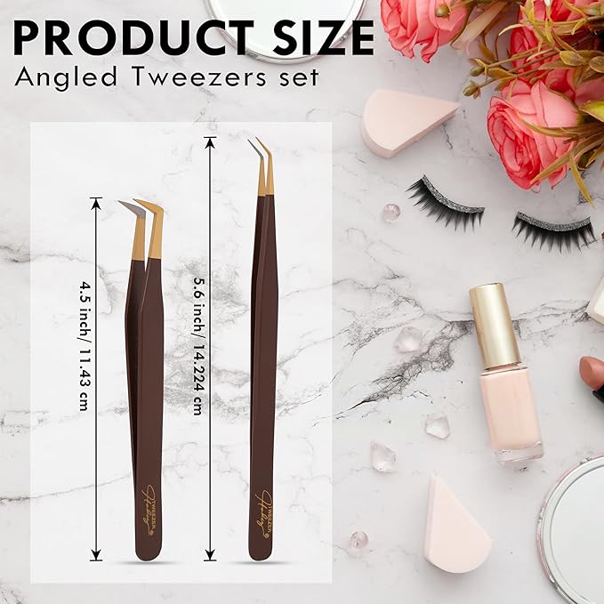HADIZ Professional Eyelash Extension Tweezers Japanese Stainless Steel 45° & 90° Lash Tweezer for Precision Beauty Tools(Brown & Gold)
