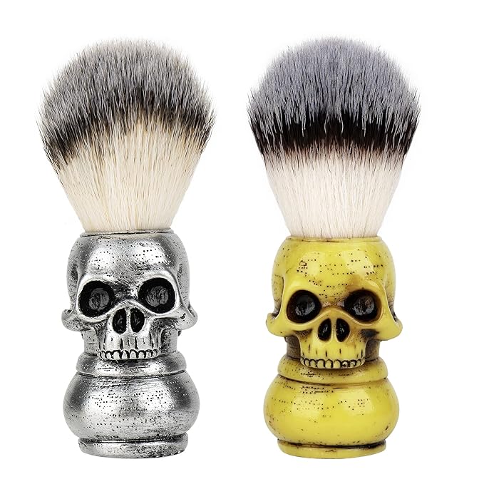 Skull Head Shaving Brush, 2 Pack Soft Shaving brushes for men, Beard Tools, Gifts for Him Dad Husband Brother Boyfriend Grandpa (Yellow, Silver)