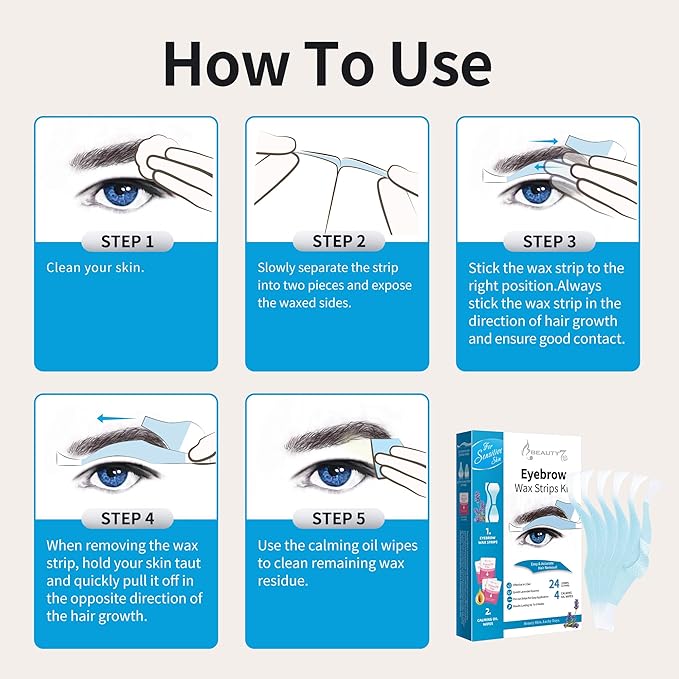 Beauty7 Sensitive Eyebrow Wax Strips, Facial Hair Removal for Men, Eyebrow Waxing Strips, 24 Strip 4 Calming Oil Wipes, Home Waxing for Men