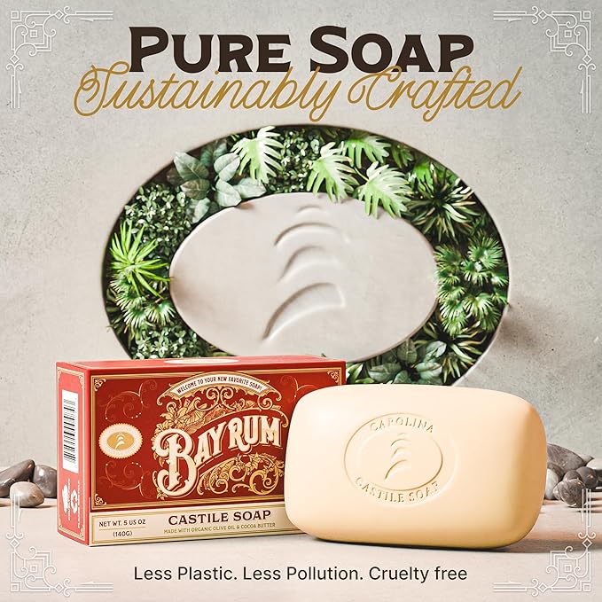 Body Wash Castile Soap Bar for Sensitive Skin – Long Lasting Natural Bar Soap for Men and Women with Olive Oil and Cocoa Butter - Vegan Bay Rum Scented by Carolina Castile, 5 oz Each