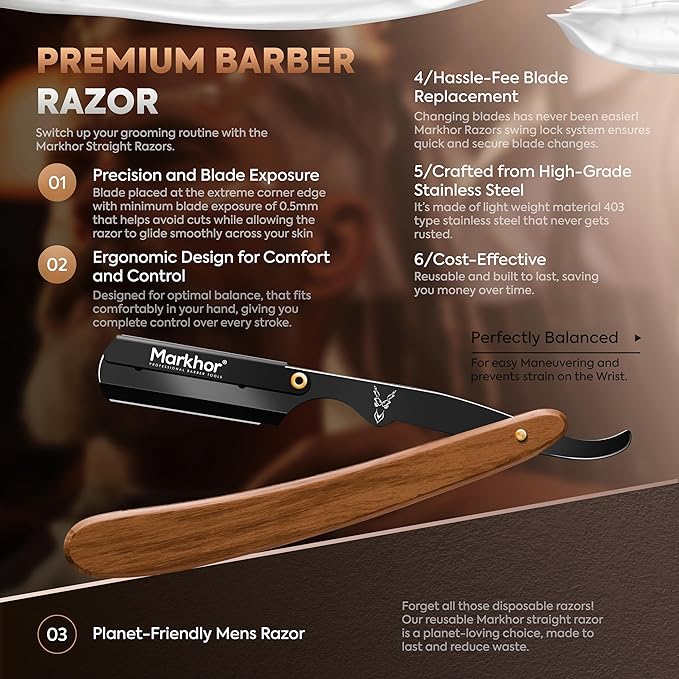 Markhor® Straight Razors for Men with 100 Single Edge Razor Blades | Rose Wood Matte Black Barber Straight Razor | Straight Edge Razor | Barber Razor Blade | Navajas Para Barbero