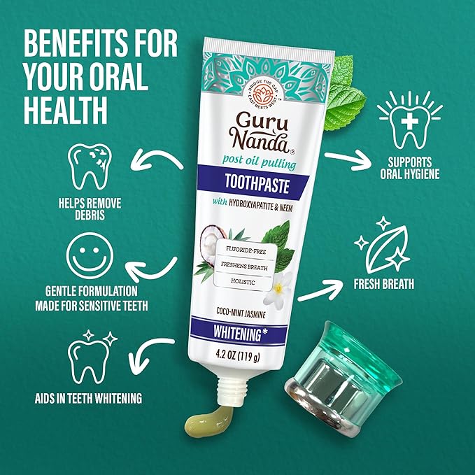 GuruNanda Hydroxyapatite Toothpaste, SLS & Fluoride Free, Whitening Toothpaste with Tongue Scraper & Squeezer - Freshens Breath, Fights Plaque - Natural CocoMint Jasmine Neem, 4.2oz