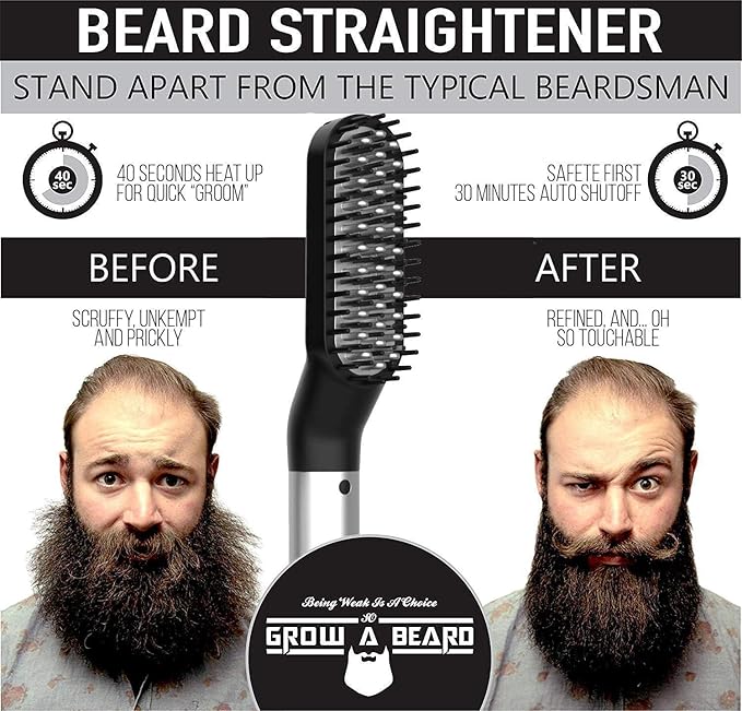 Beard Straightener Grooming Kit for Men, Beard Growth Kit, Wash, Brush & Comb, Unscented Growth Oil, All Natural Sandalwood Balm, Conditioner, Razor & Scissors, Great Gift Idea for Men's (Black)