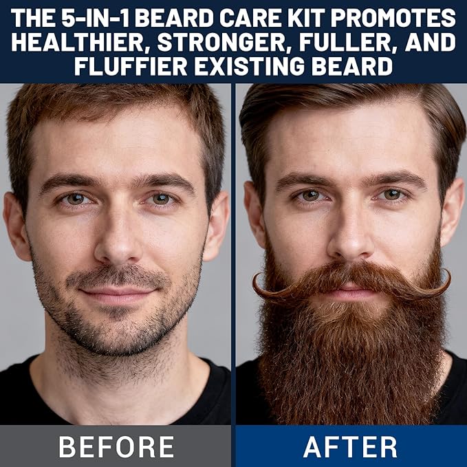 Beard Kit for Men 5PCS - Beard Growth & Grooming Set with Shampoo, Conditioner, Oil, Spray & Balm - Moisturises & Smoothes Beard, Tames Frizz - Perfect Beard Kit for Men, Dad, Boyfriend, Husband