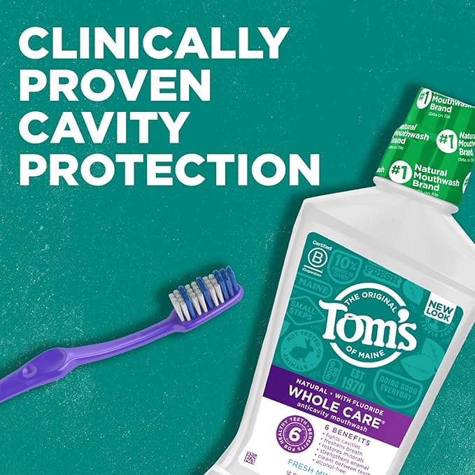 Tom's Of Maine Whole Care Natural Fluoride Mouthwash, Fresh Mint, 16 Oz (Pack of 3) (Packaging May Vary)