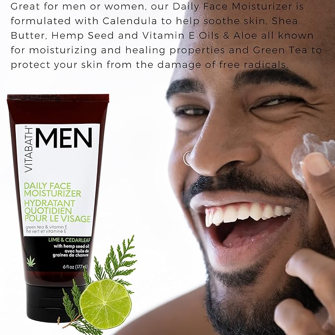 Vitabath Men's Reviving Face Cream Moisturizer - Hydrating Moisturizing Skincare for Him Helps Replenish Dry Skin & Reduce the Look of Wrinkles, Bags, Fine Lines - Lime & Cedarleaf - 6 fl oz