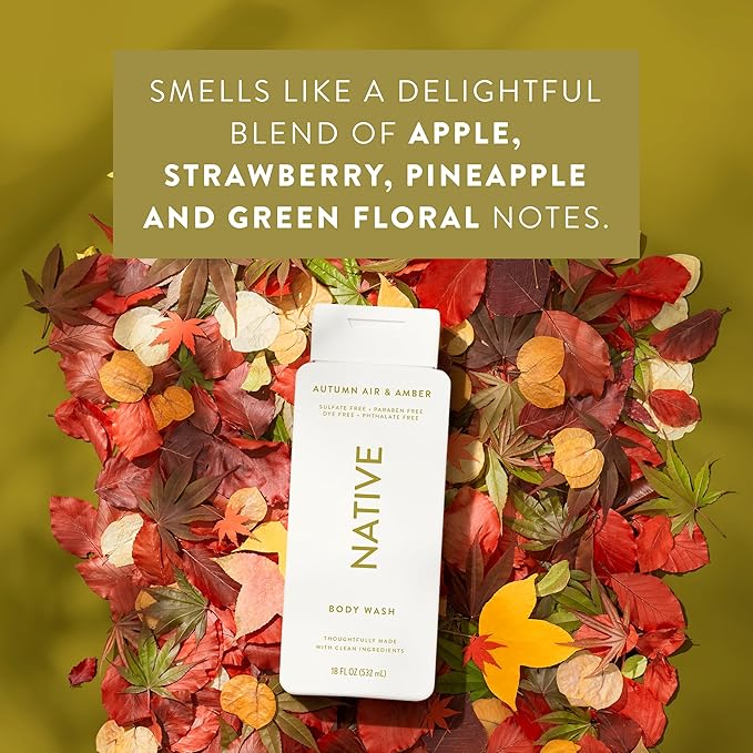 Native Body Wash with Naturally Derived Ingredients - Autumn Air & Amber - For Women & Men, Sulfate, Paraben, & Dye Free Leaving Skin Soft and Hydrating | Fall Seasonal Scent Bundle, 18 oz - 2 Pk