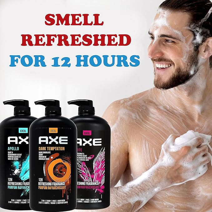 Axe Men's Body Wash Variety Set, Set of 3 Scents, Axe Dark Temptation, Apollo and Excite Body Wash, 3in1 Body and Face Wash in Pump Bottle, 33.8 Ounce Each