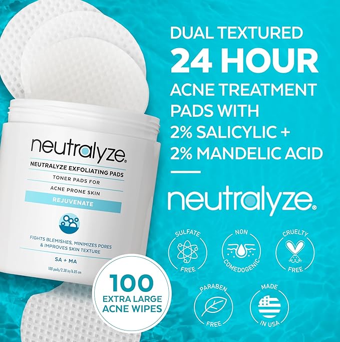 Neutralyze Exfoliating Acne Treatment Wipes - Maximum Strength, Textured Acne Pads with 2% Mandelic Acid & 2% Salicylic Acid for Face & Body - Suitable for All Skin Types, Teens & Adults (100 Wipes)