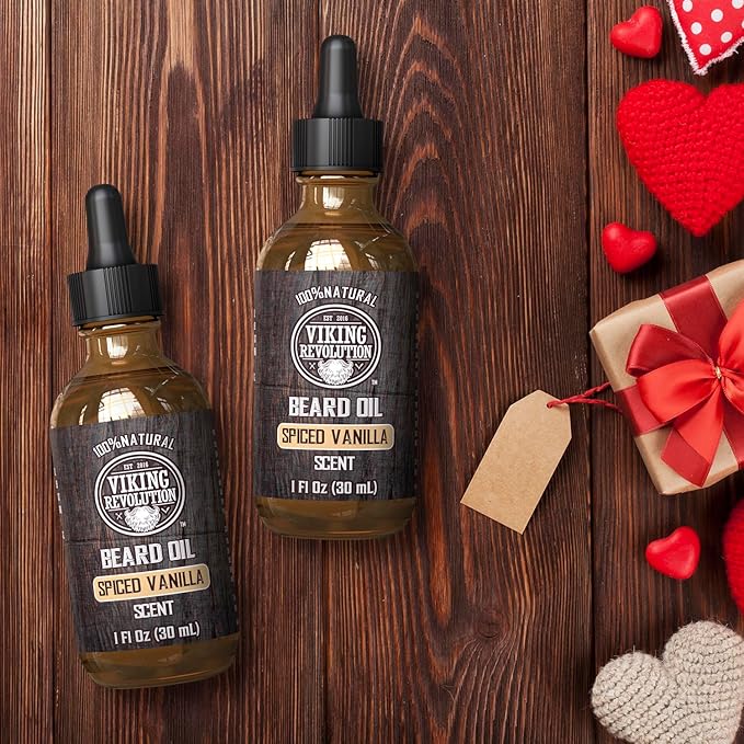 Viking Revolution Beard Oil for Men - All Natural Beard Oil Spiced Vanilla Scent with Argan Oil & Jojoba Oil Beard Conditioner and Softener - Strengthens Beards and Mustaches for Men (2 Pack)