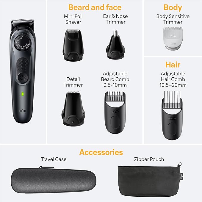 Braun All-in-One Style Kit Series 5 5470, 9-in-1 Trimmer for Men w/Beard Trimmer, Body Trimmer for Manscaping, Gillette Fusion5 ProGlide Razor, 40 Length Settings, Rechargeable Battery, Cordless