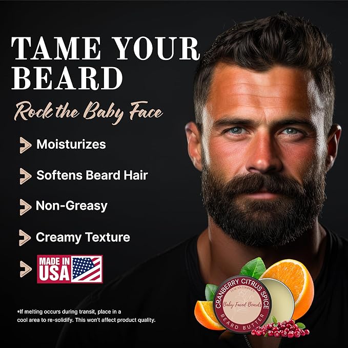 Tuscan Cooper's Baby Faced Beards Butter for Men - Moisturizing Beard Balm Cream and Softener for All Hair Types Including Coarse Hair - 4oz Hydration and Conditioning Care - Cranberry Citrus Spice
