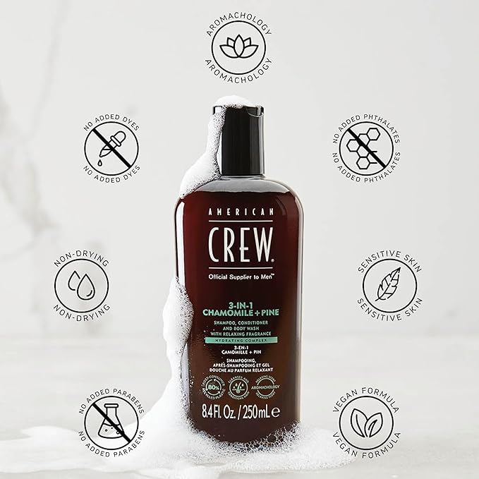 AMERICAN CREW 3-in-1 Chamomile & Pine, Shampoo, Conditioner & Body Wash for Men, All-in-One Care with Calming and Relaxing Fragrance, 33.8 fl oz