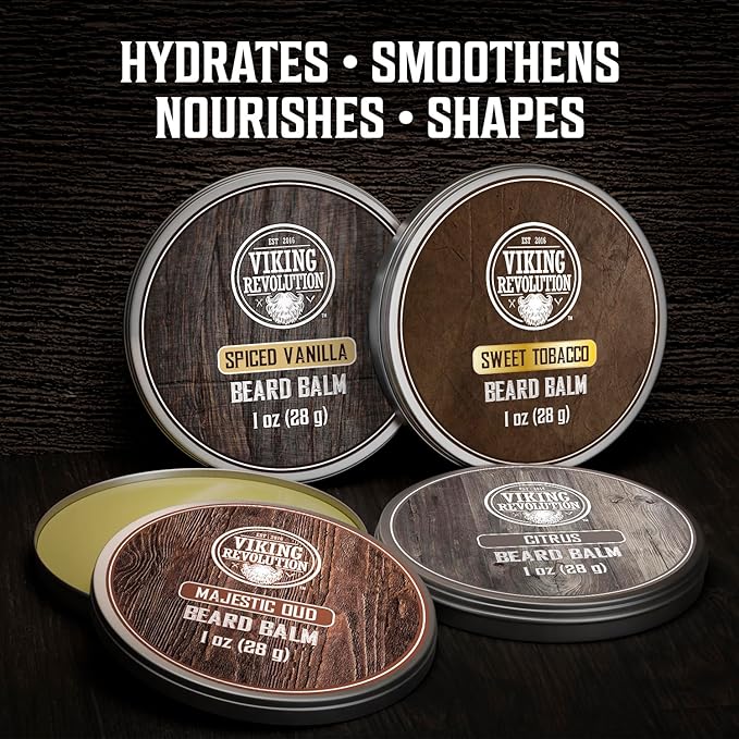 Viking Revolution 4 Beard Balm Variety Pack (1oz Each)- Spiced Vanilla, Sweet Tobacco, Majestic Oud, Citrus - Styles, Strengthens & Softens Beards & Mustaches - Leave in Conditioner Wax for Men