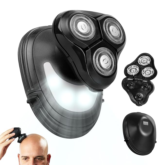 ChargeWorx Groom Essentials 3D Rotary Shaver, Portable Cordless Face-and-Head Shaver with 3 Rotating Blade Heads, LED Guide Light, and Ergonomic Handle